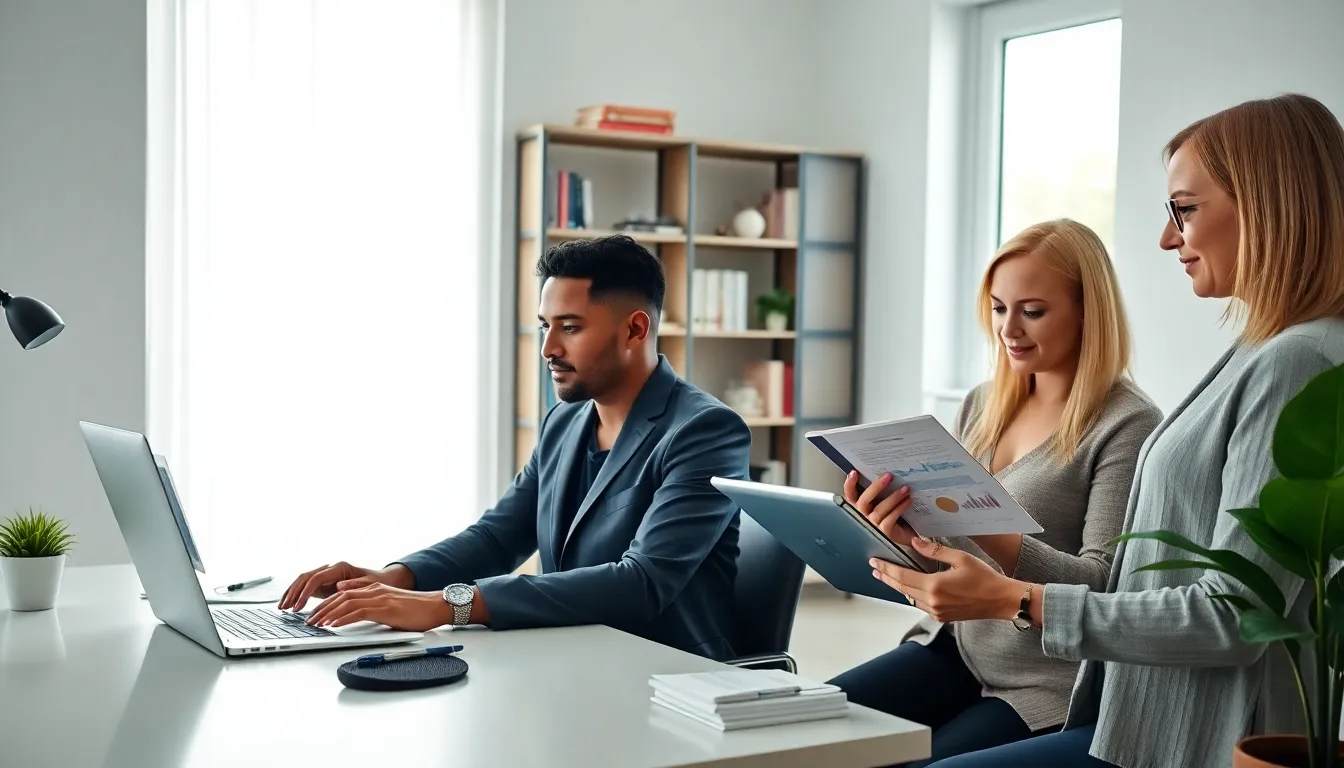professionals learning about online real estate investing in a home office.