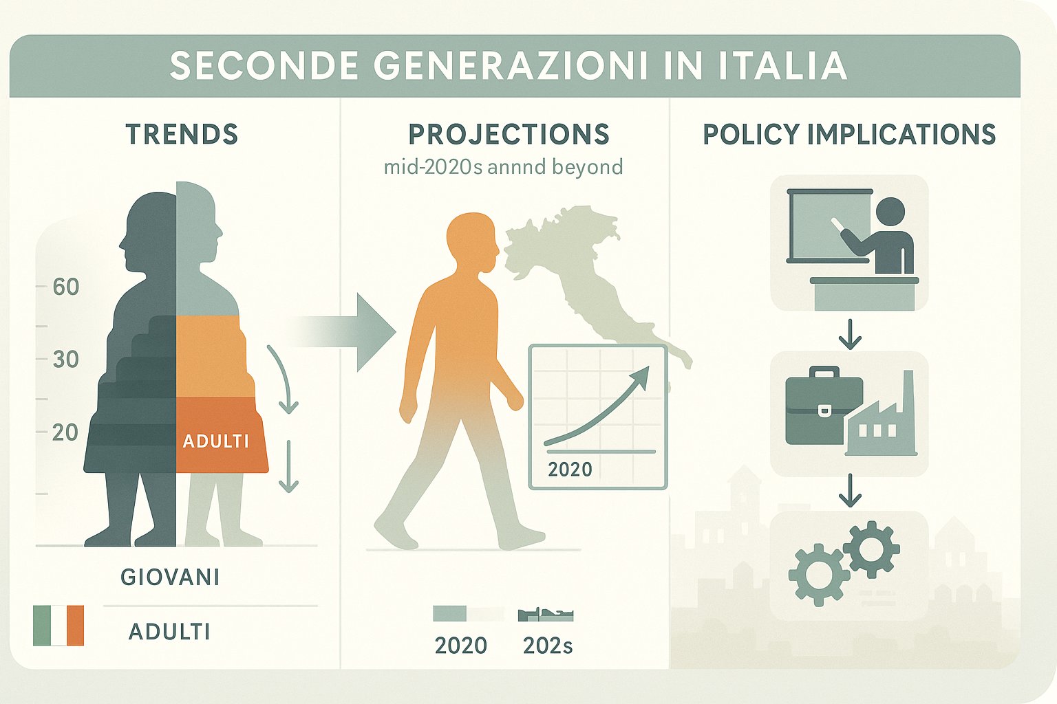 Infografica a tre pannelli che mostra tendenze, proiezioni e impatti politici delle seconde generazioni in Italia.