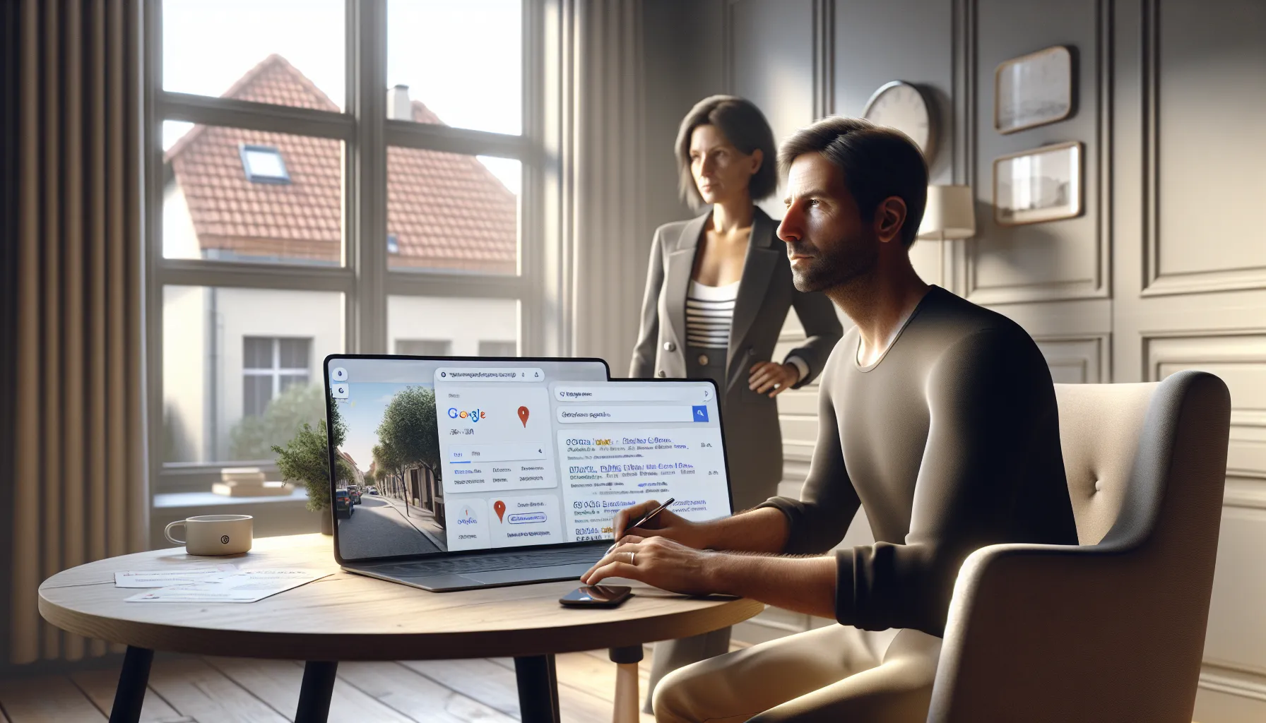 Local business owner in Courtry reviews top Google search results with SEO consultant.