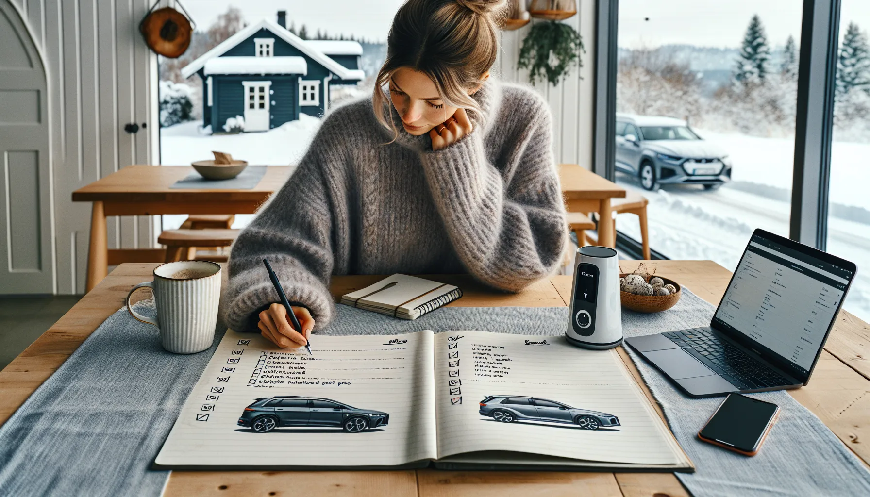 Hvordan velge riktig bilforhandler for ditt neste kjøp 2 Norwegian buyer making a car checklist while comparing models, budget, and needs.