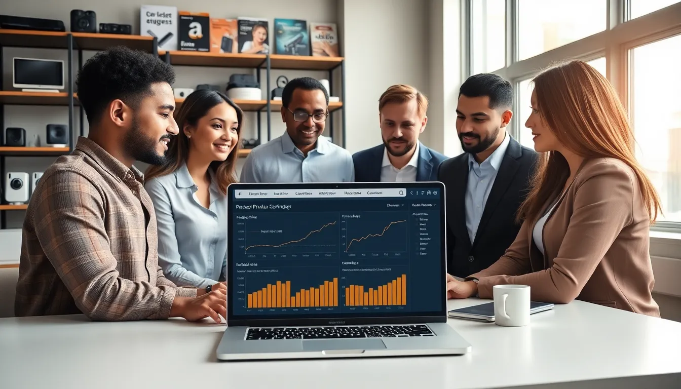 professionals discussing Keepa product finder in a modern office.