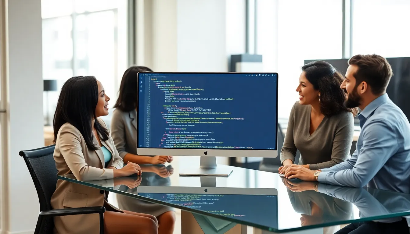 professionals discussing JavaScript deep copy in a modern office.