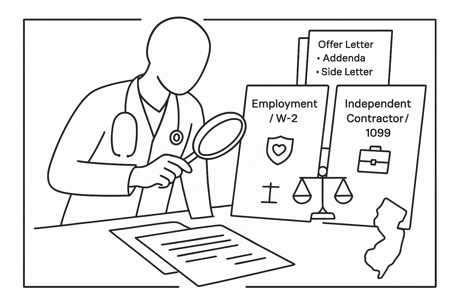 PA examining employment and contractor contracts with a magnifying glass.