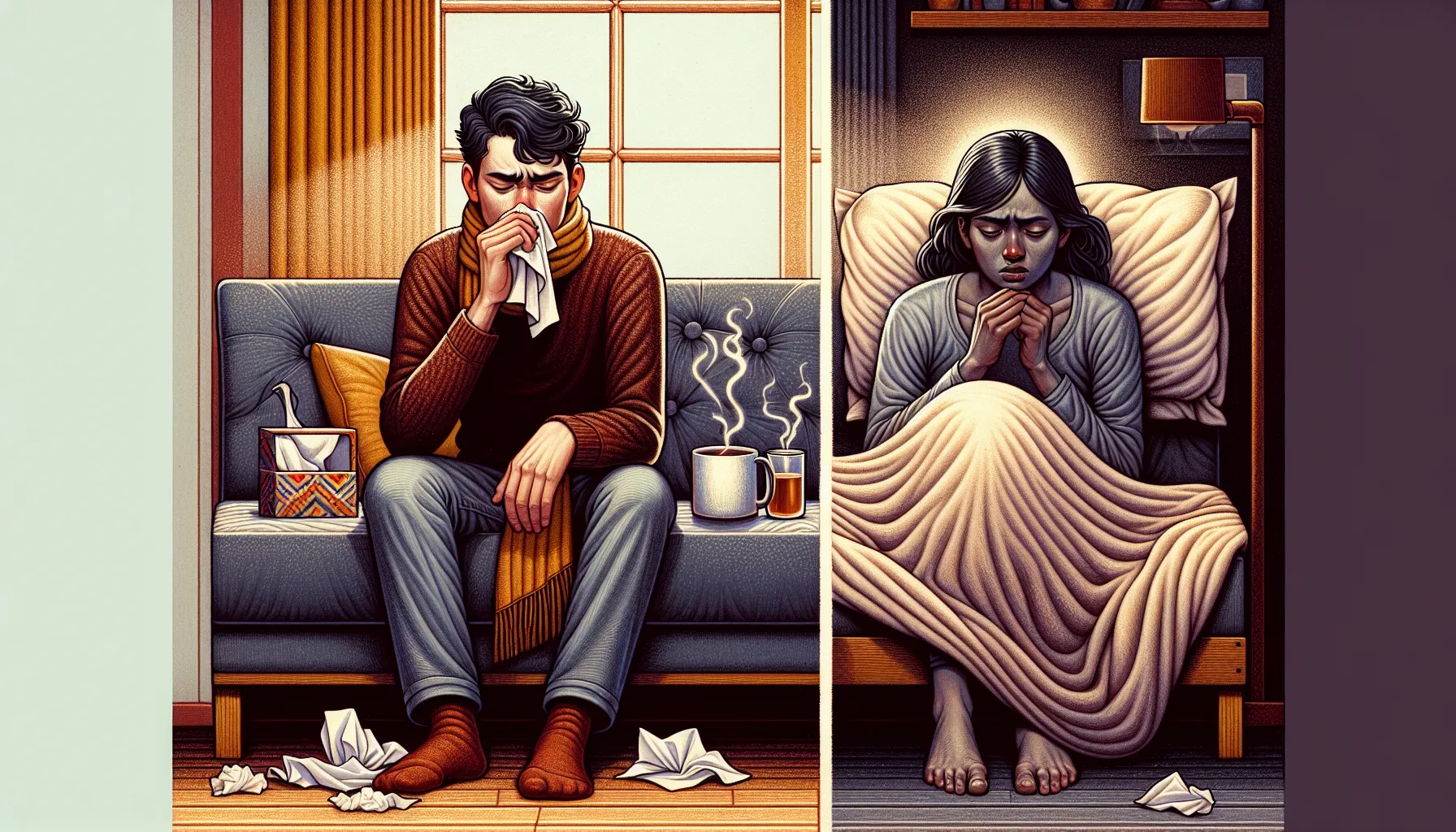 Two individuals showing contrasts between cold and flu symptoms: mild vs. severe.