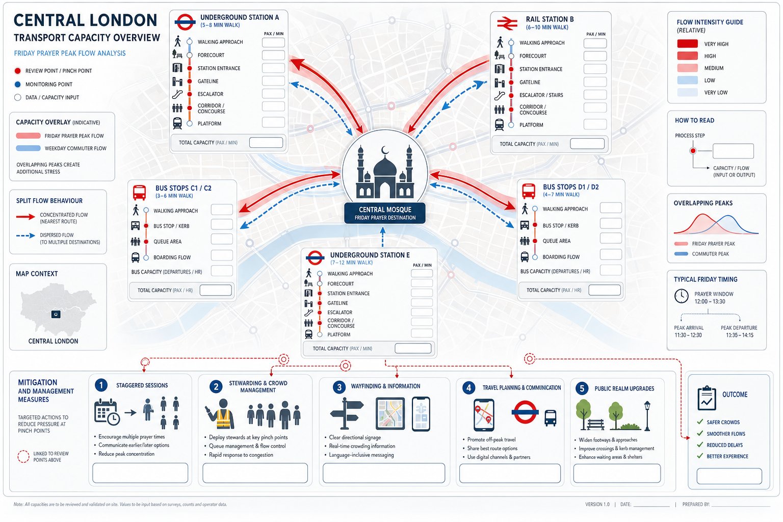 Central London mosque transport access and station capacity review infographic.