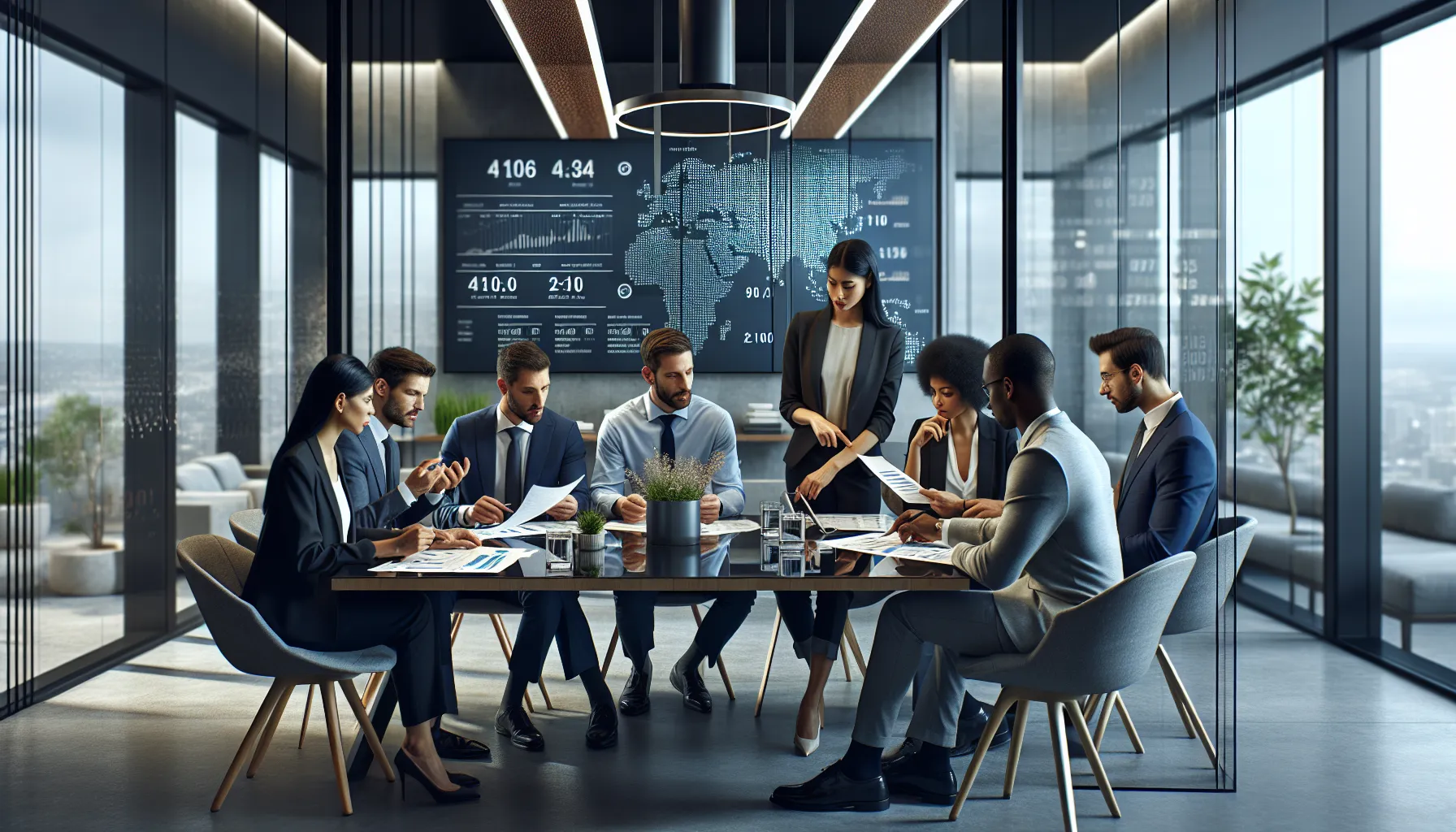 diverse professionals discussing numerical features in a modern office.