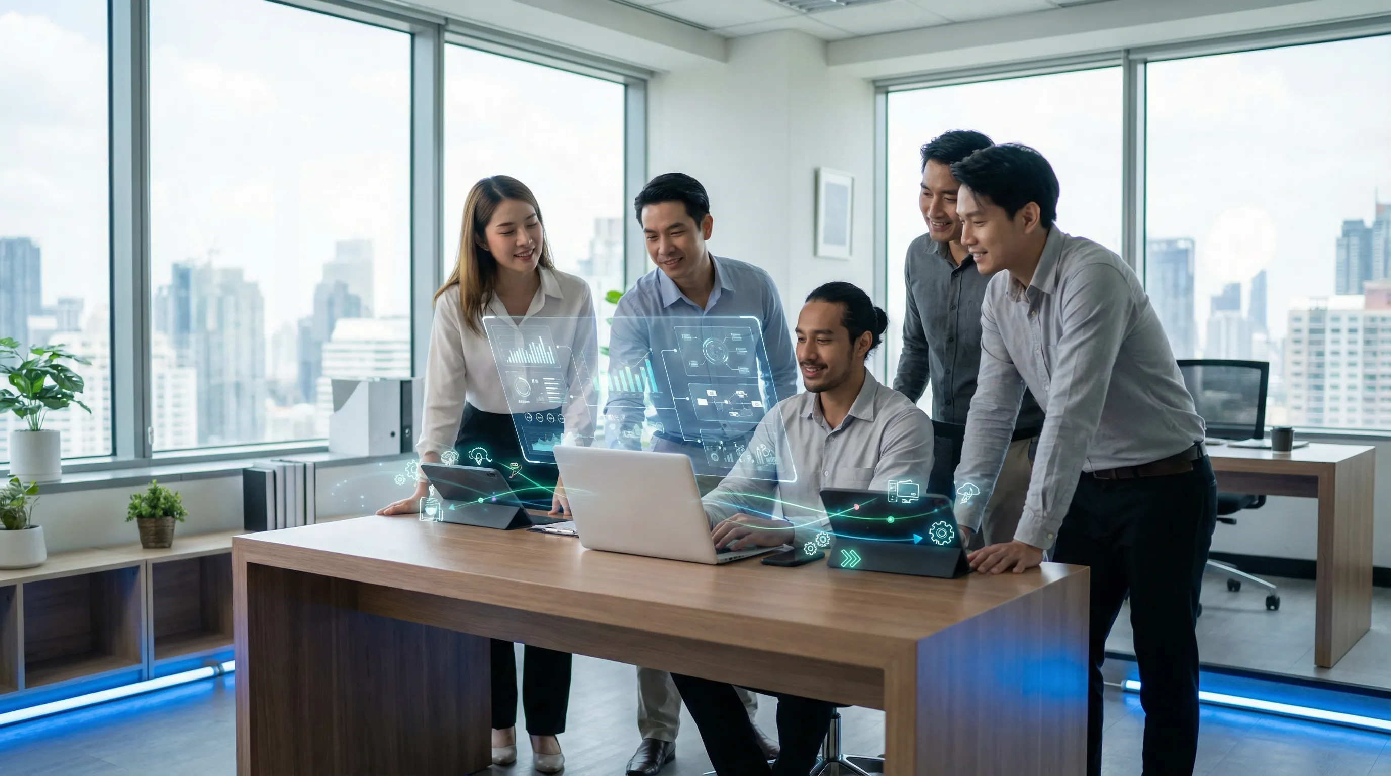 Modern office scene with a small team reviewing holographic workflow and data visuals above a laptop, symbolizing AI and workflow automation, in bright natural light with a clean, professional atmosphere.