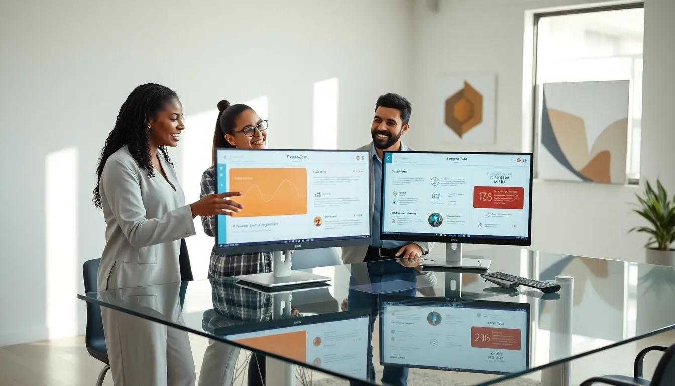 professionals discussing the software Francamercurio1 in a modern office.