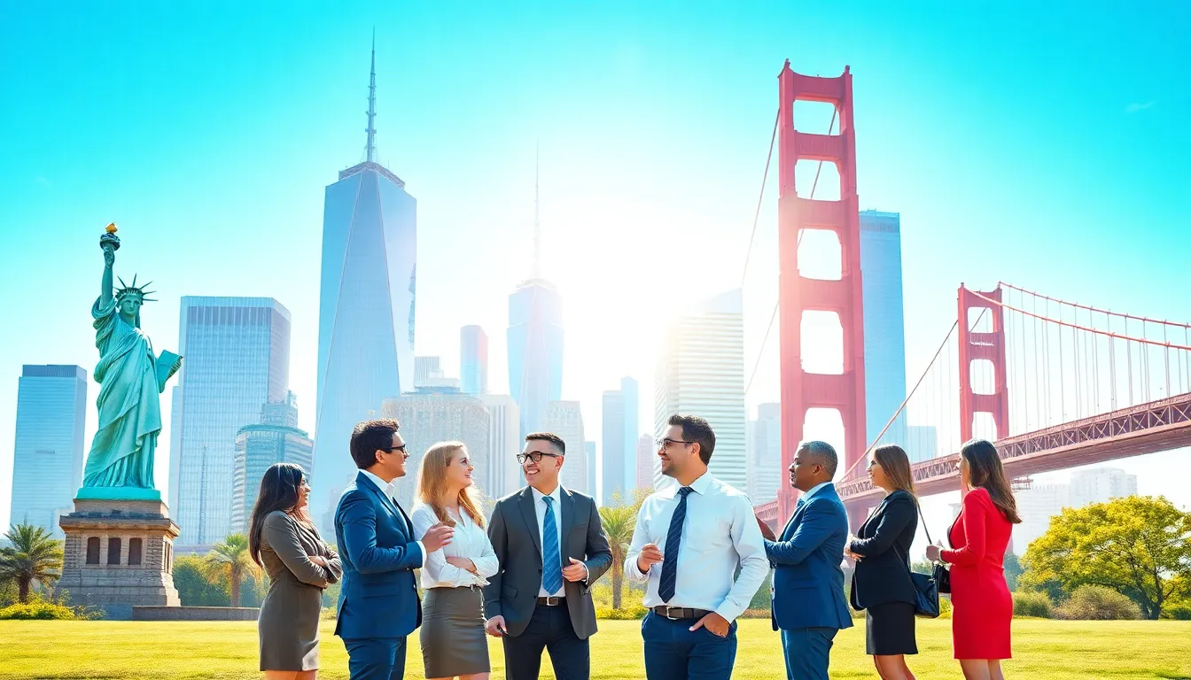Diverse professionals in front of iconic US landmarks.