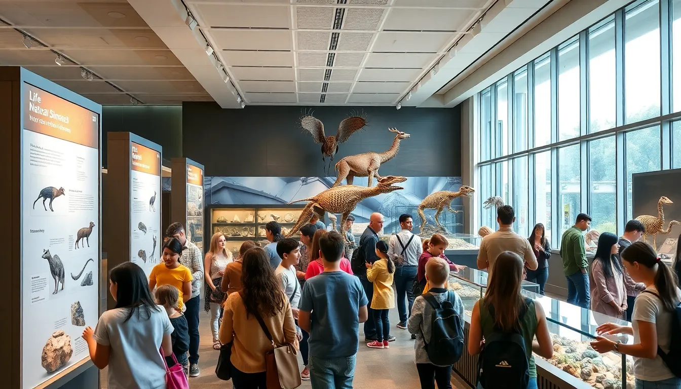 visitors engaging with exhibits in a modern life science museum.