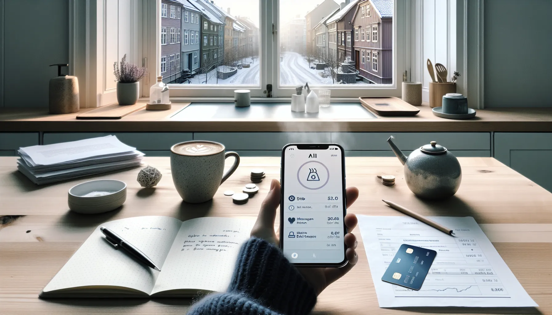 Norwegian adult reviews ai finance app for saving and debt payoff at home.