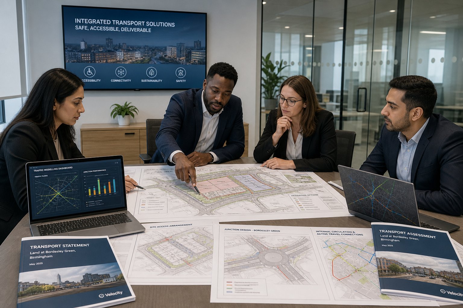 Highway consultants reviewing transport plans and site access drawings in a modern office.