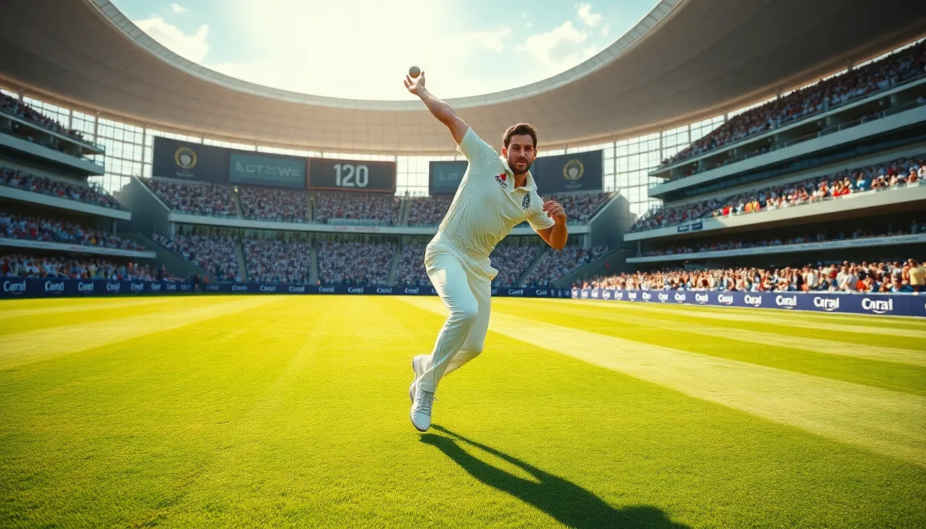 fast bowler delivering a ball in a lively stadium setting.