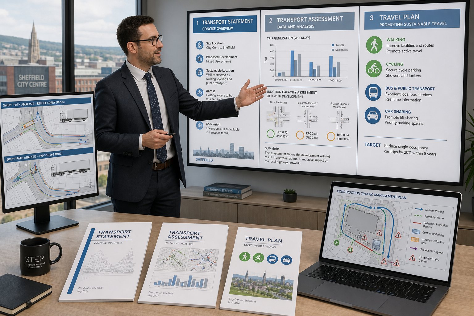 Traffic engineer reviewing transport planning documents and vehicle tracking in a modern office.
