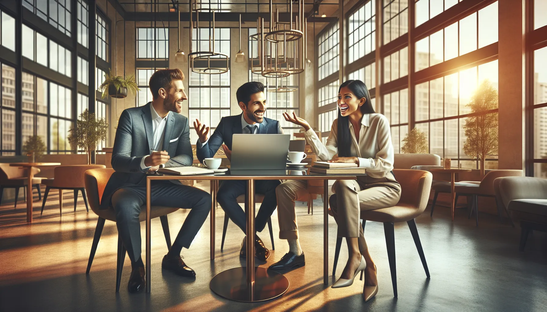 diverse professionals discussing ideas in a modern café setting.