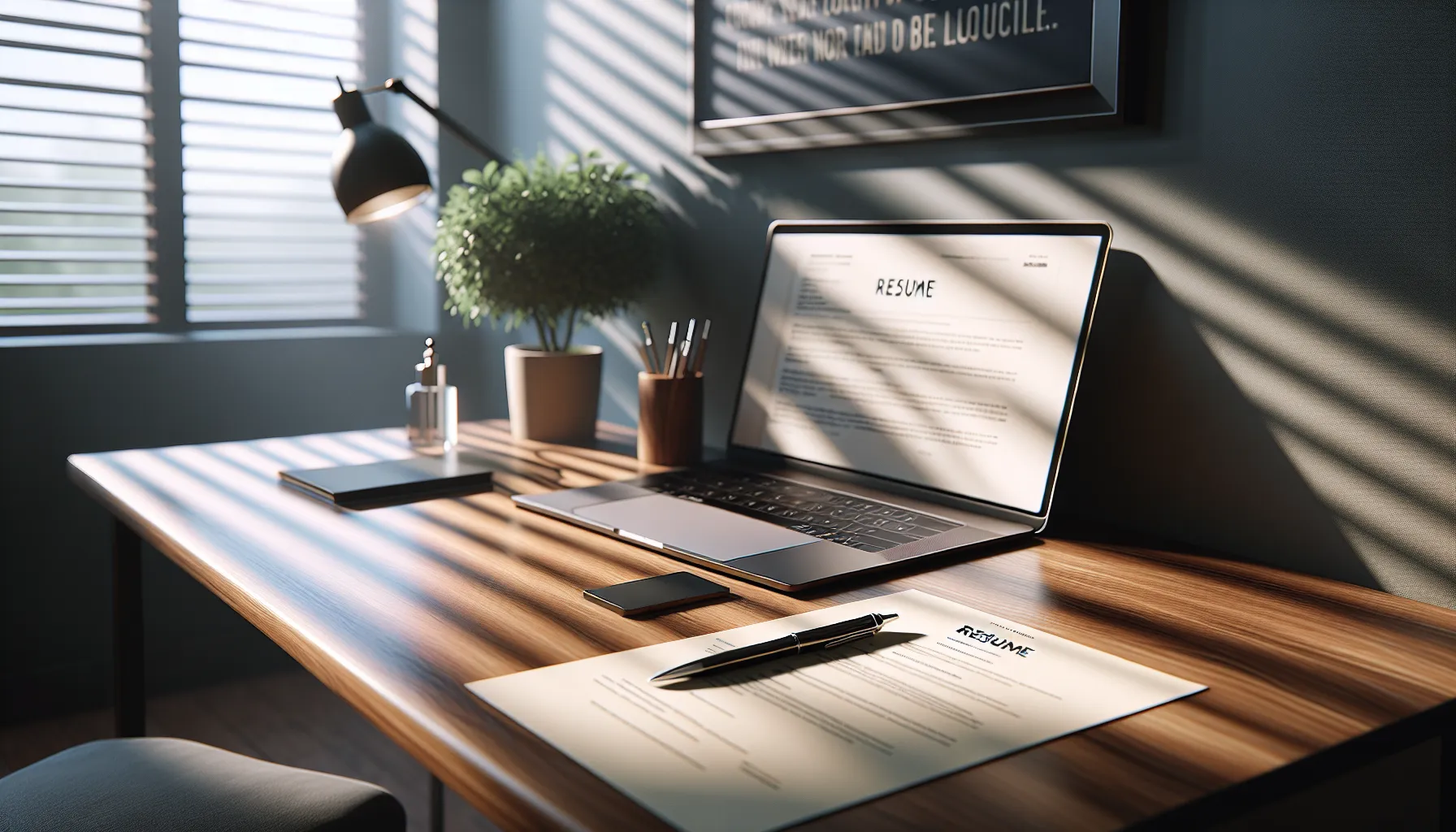 A desk setup with a printed resume and laptop displaying a job description.