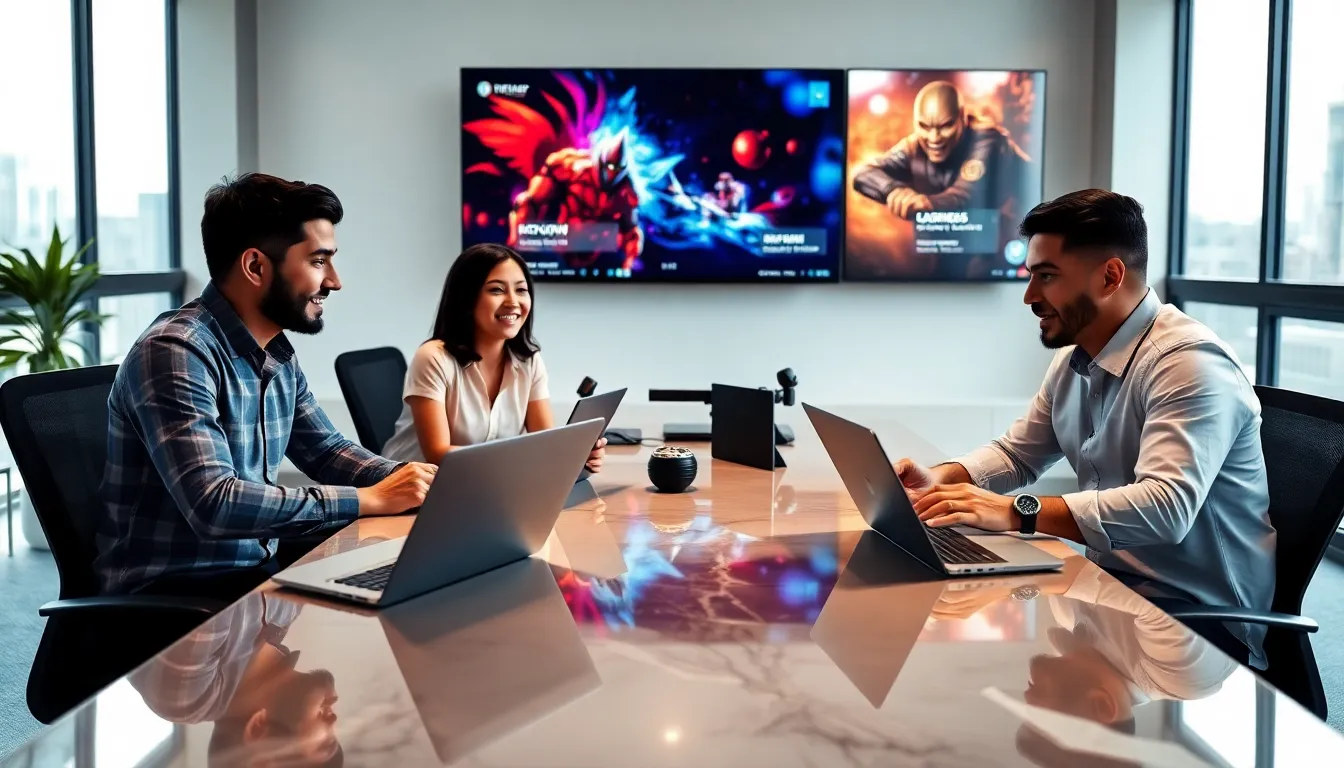 diverse professionals collaborating in a modern gaming discussion.