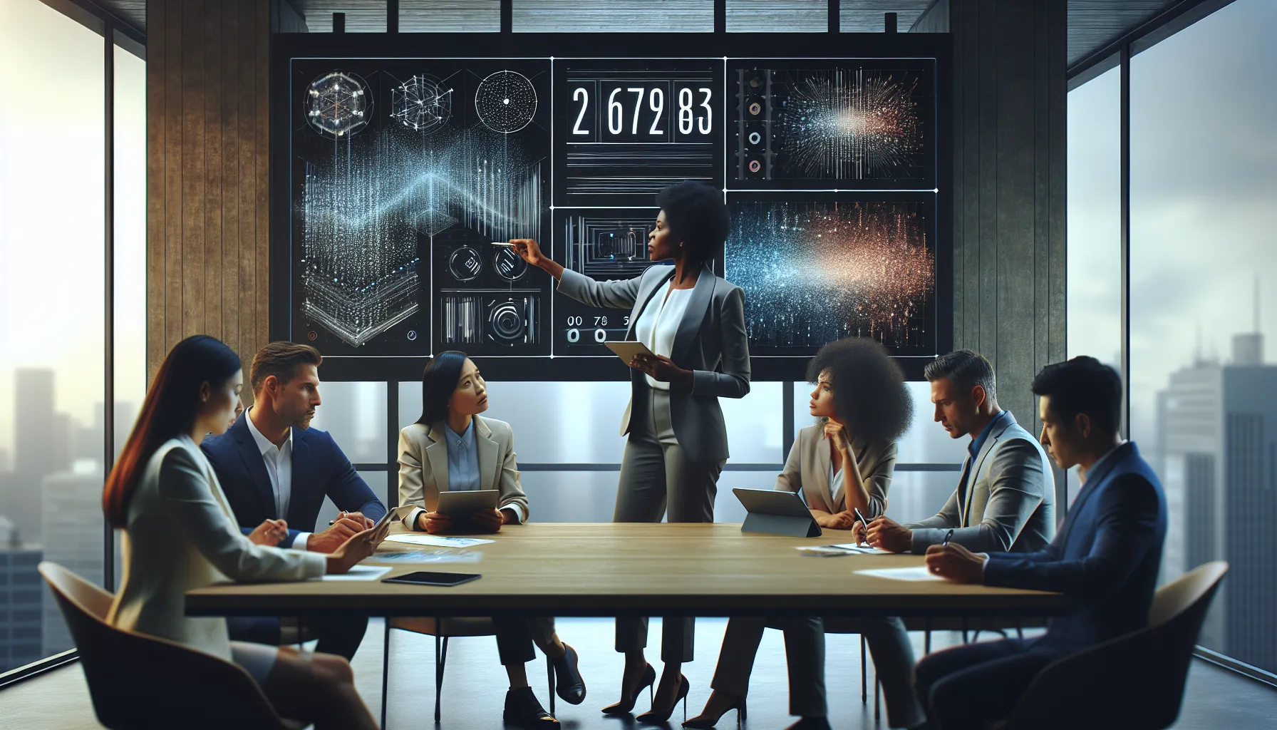 diverse team analyzing data patterns in a modern office.