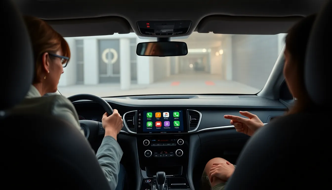 professionals using Apple CarPlay in a modern car interior.