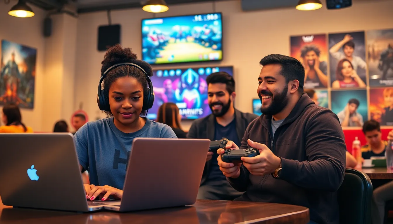 diverse gamers interacting in a lively gaming café.