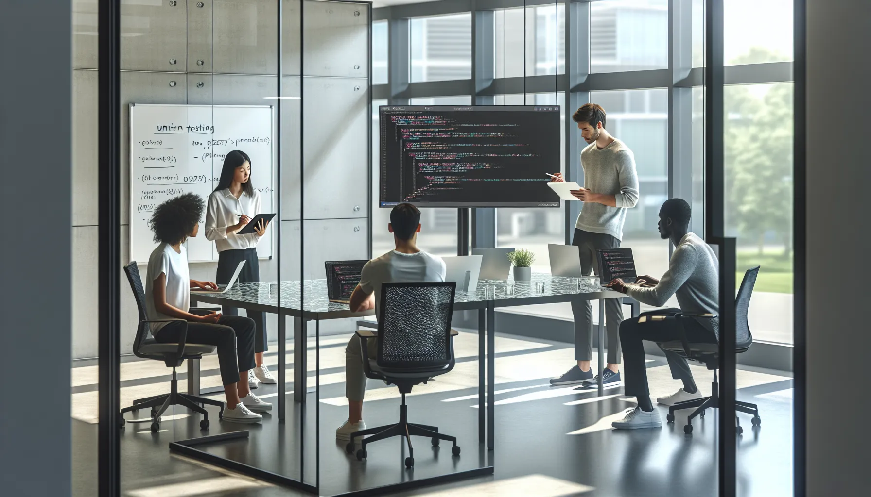 diverse team of developers discussing code error prevention in a modern office.