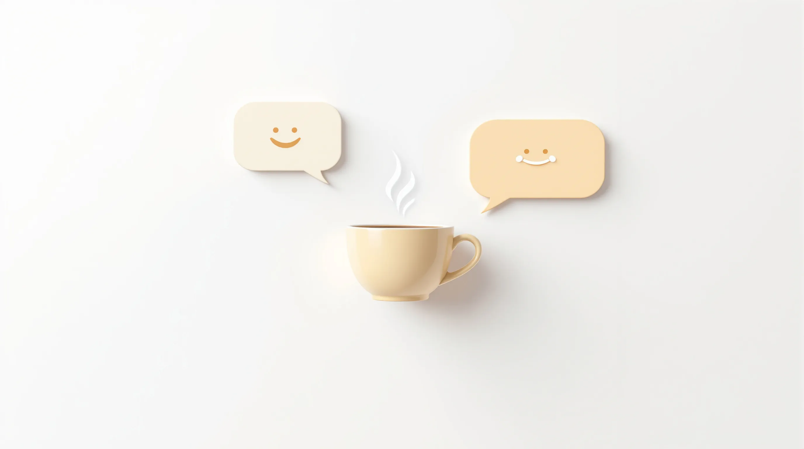 Coffee cup with chat bubbles and smiley symbols on white background.