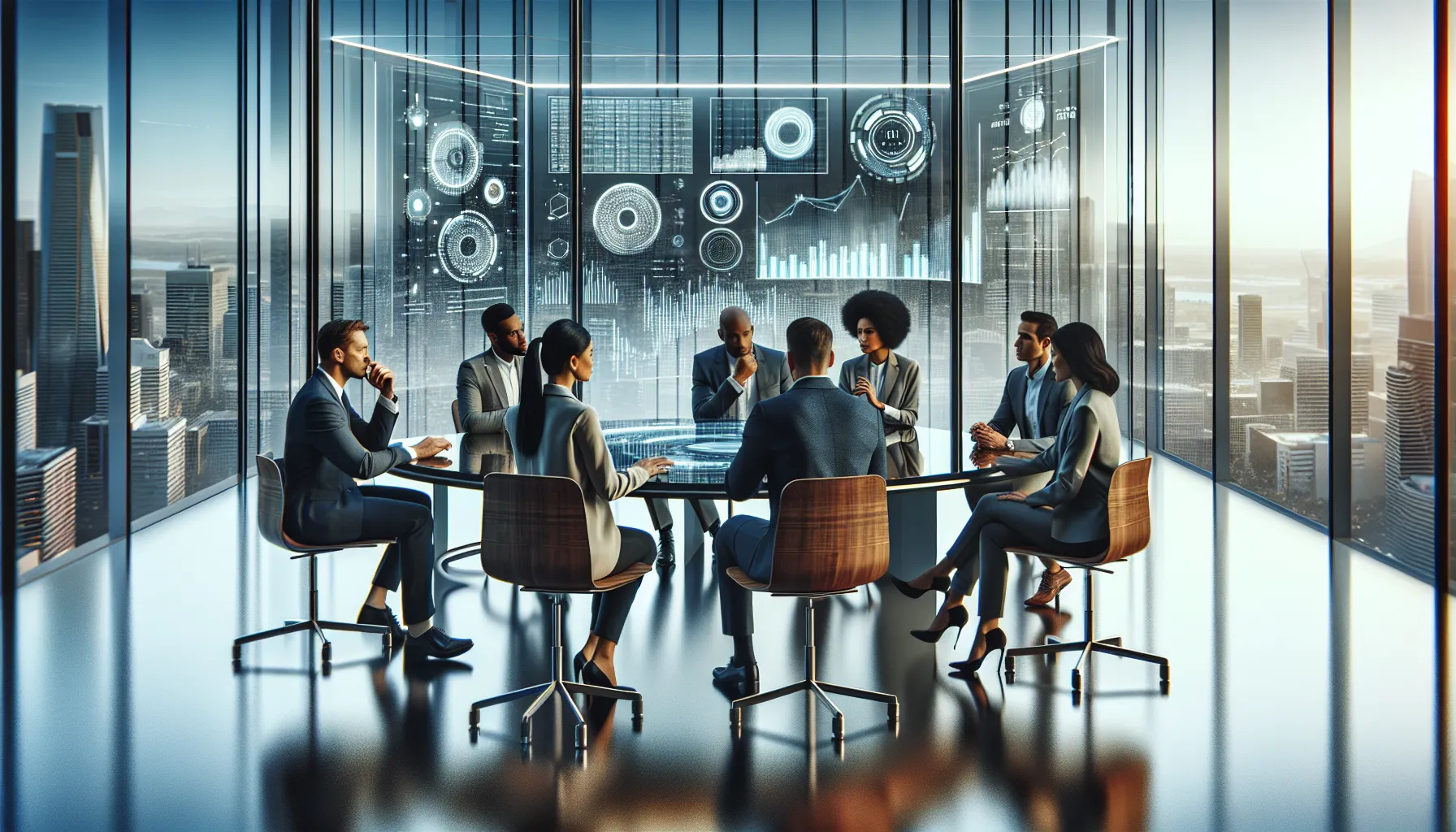 diverse professionals brainstorming in a modern office about future tech trends.