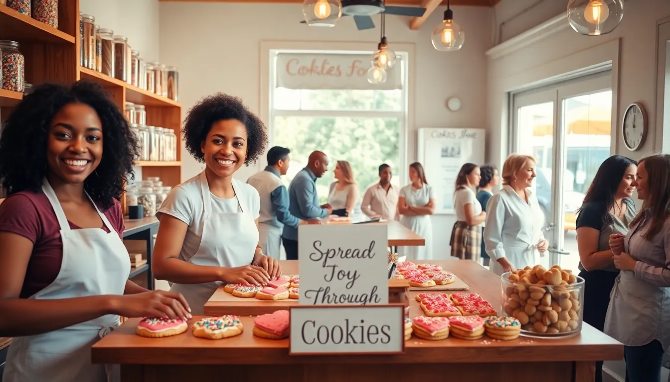 diverse bakers joyfully decorating heart-shaped cookies in a cozy bakery.