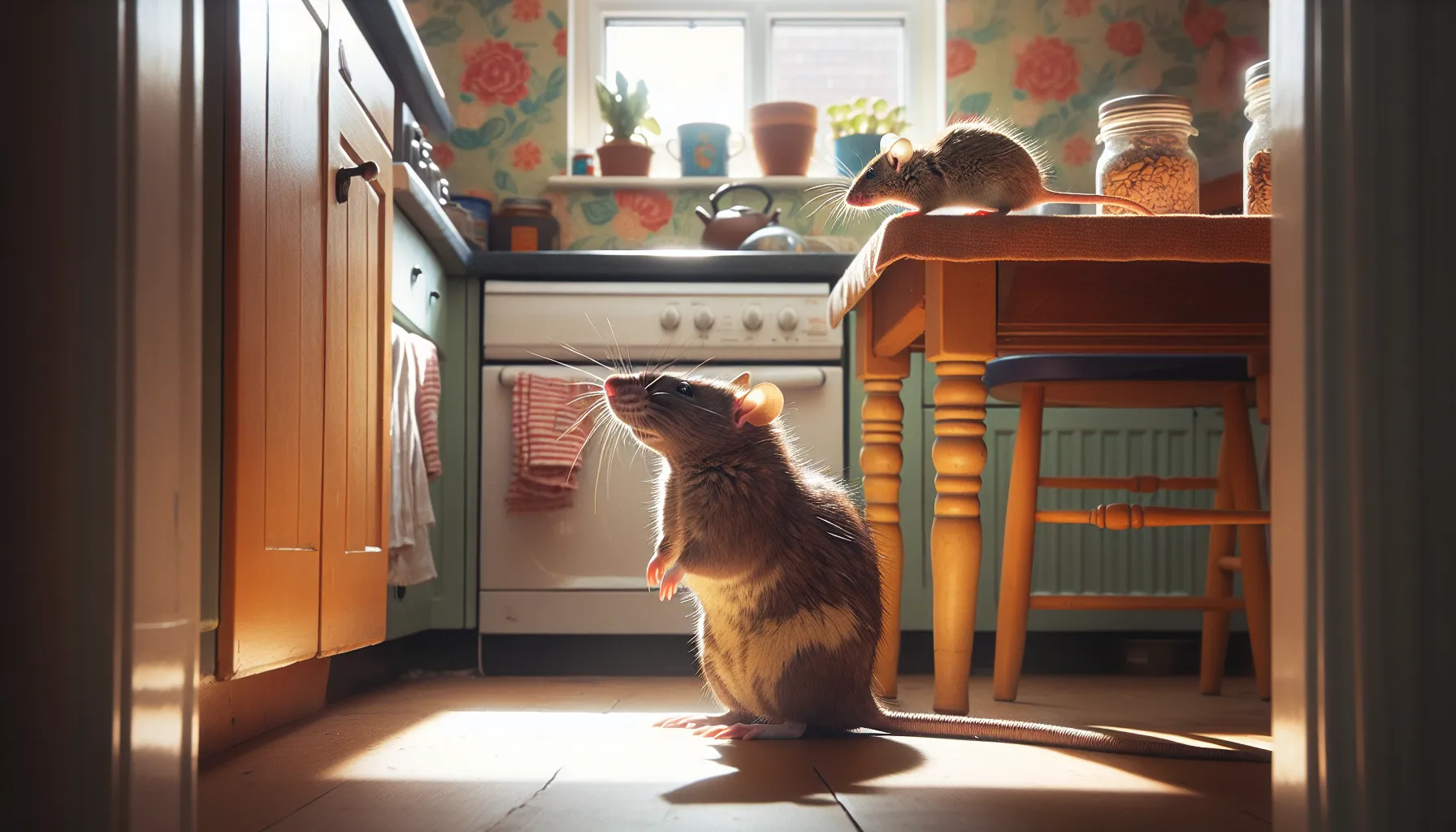 A side-by-side comparison of a Norway rat and a house mouse in a kitchen.