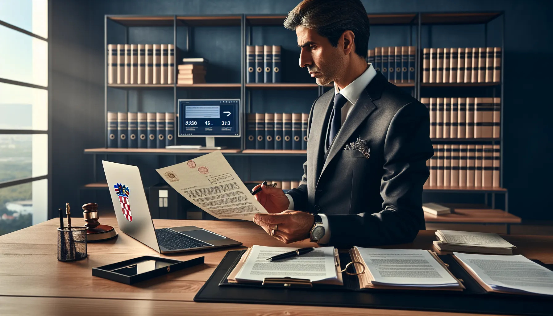 Professional reviewing legal documents with deadline calendar in Croatian law office