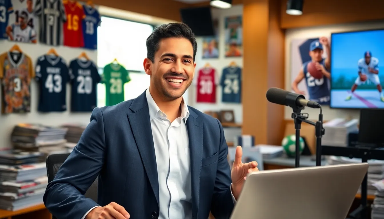 Jimmy Dominguez working in a modern newsroom surrounded by sports memorabilia.