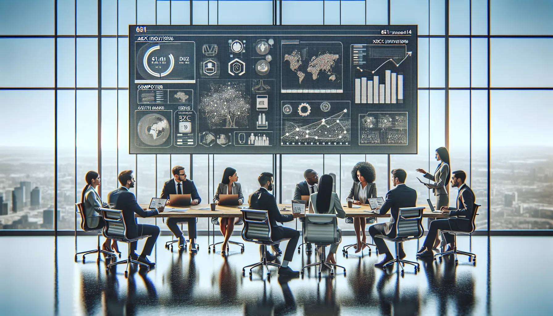 diverse team discussing tech products in a modern conference room.