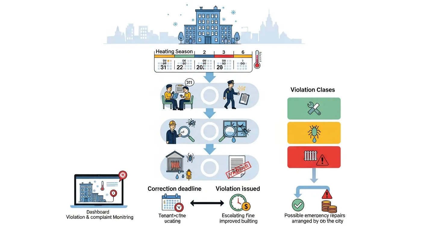 Infographic of how NYC HPD violations are reported, inspected, classified, and enforced.