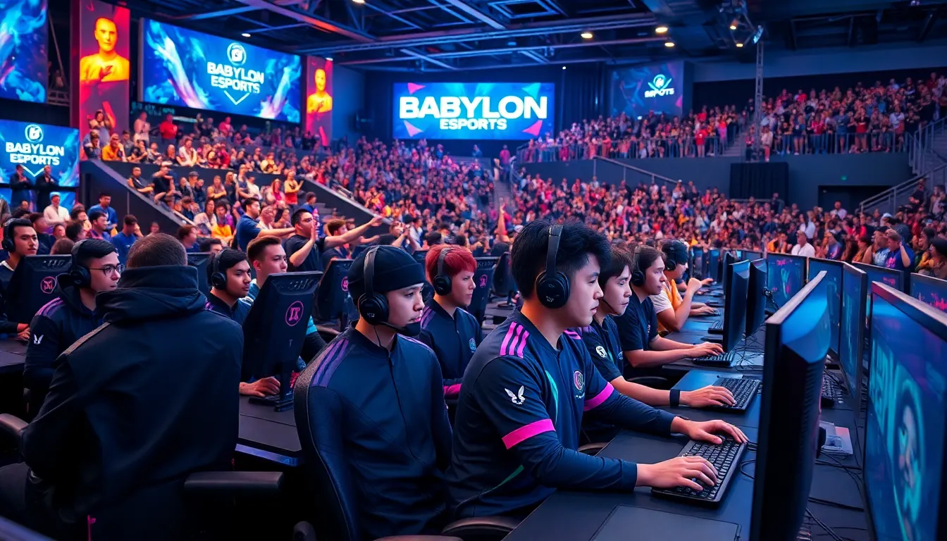 diverse esports team competing in a modern gaming arena.