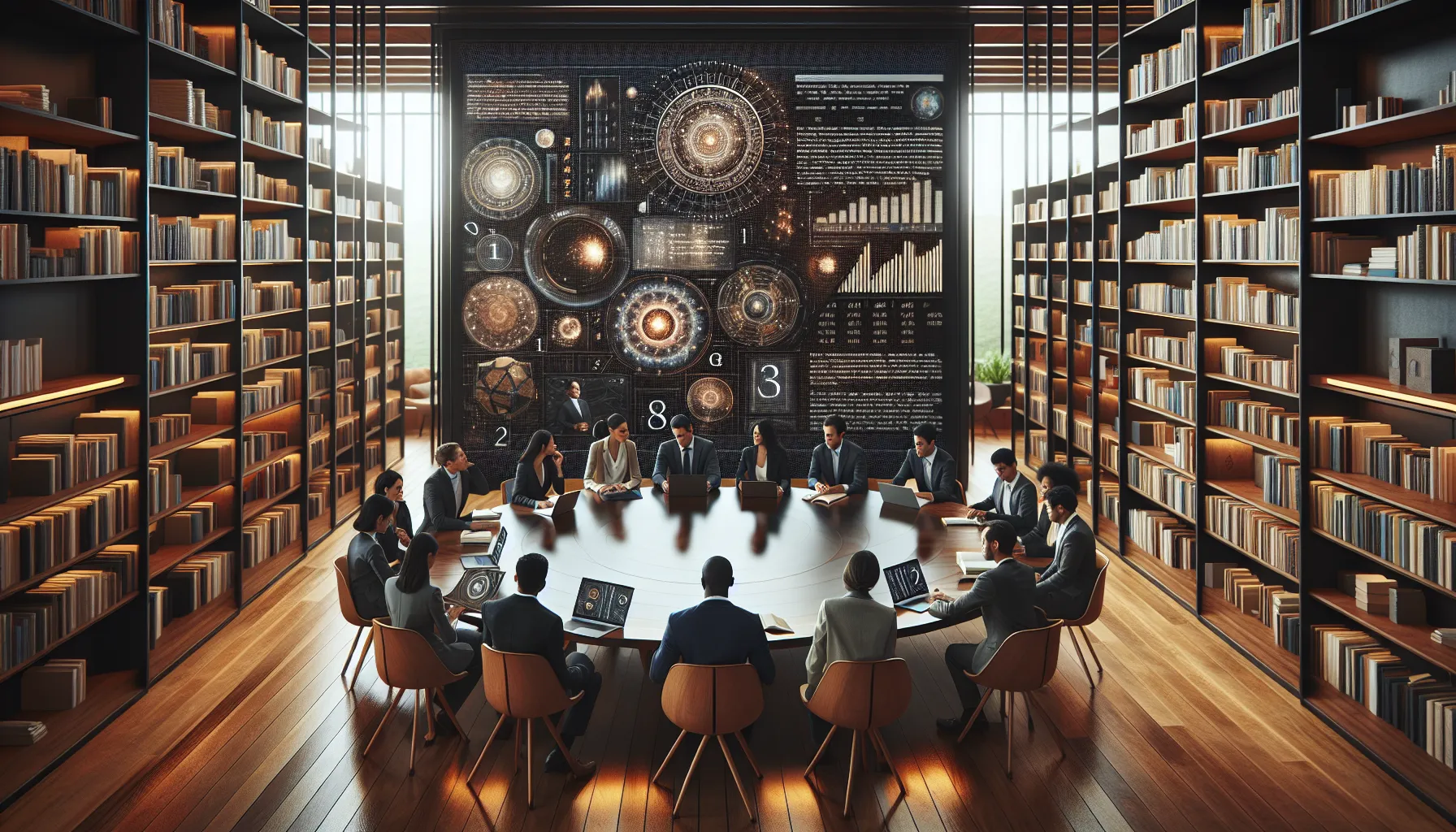 diverse individuals discussing numerology in a modern library.