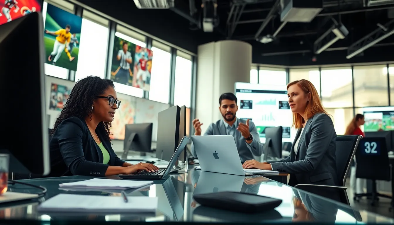 A diverse team working in a modern sports news office.