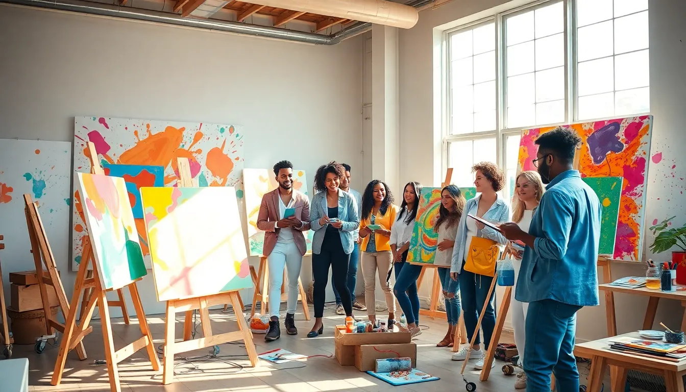 diverse artists collaborating in a bright, modern art studio.