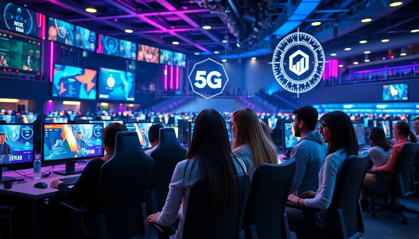 diverse esports professionals collaborating in a high-tech gaming arena.