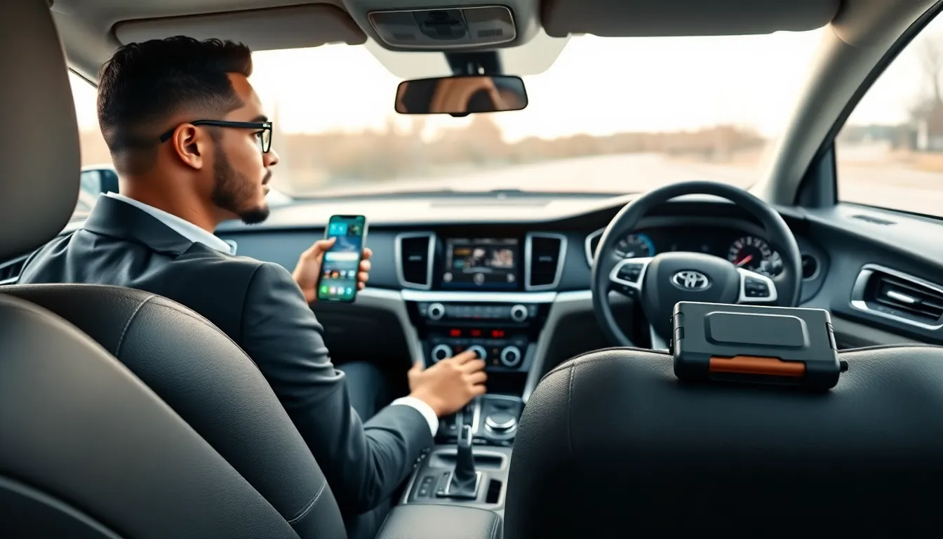 modern car interior with integrated smartphone, dash cam, and jump starter.