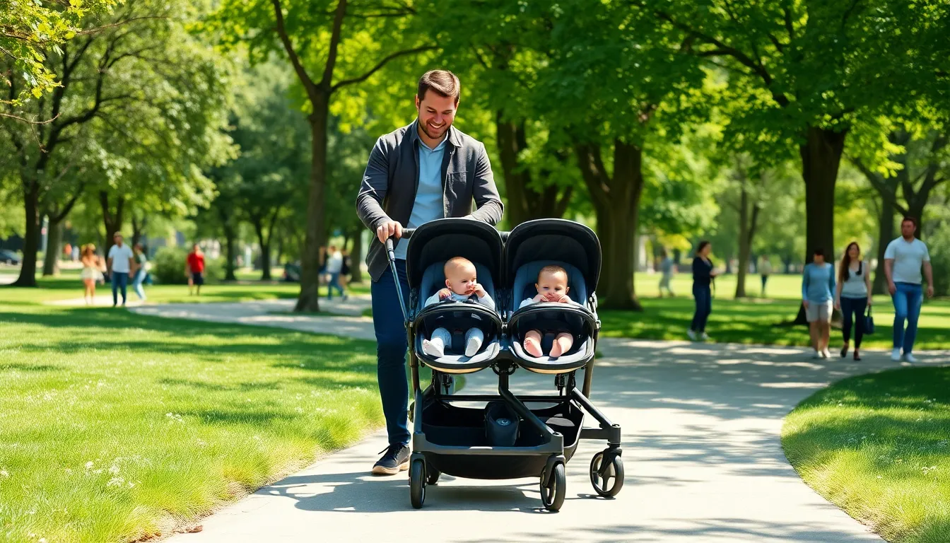 a couple using a twin stroller in a sunny park with two newborns.