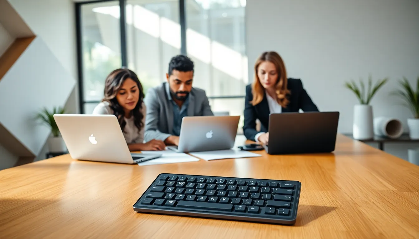 diverse professionals collaborating around the Keybardtast keyboard in a modern office.