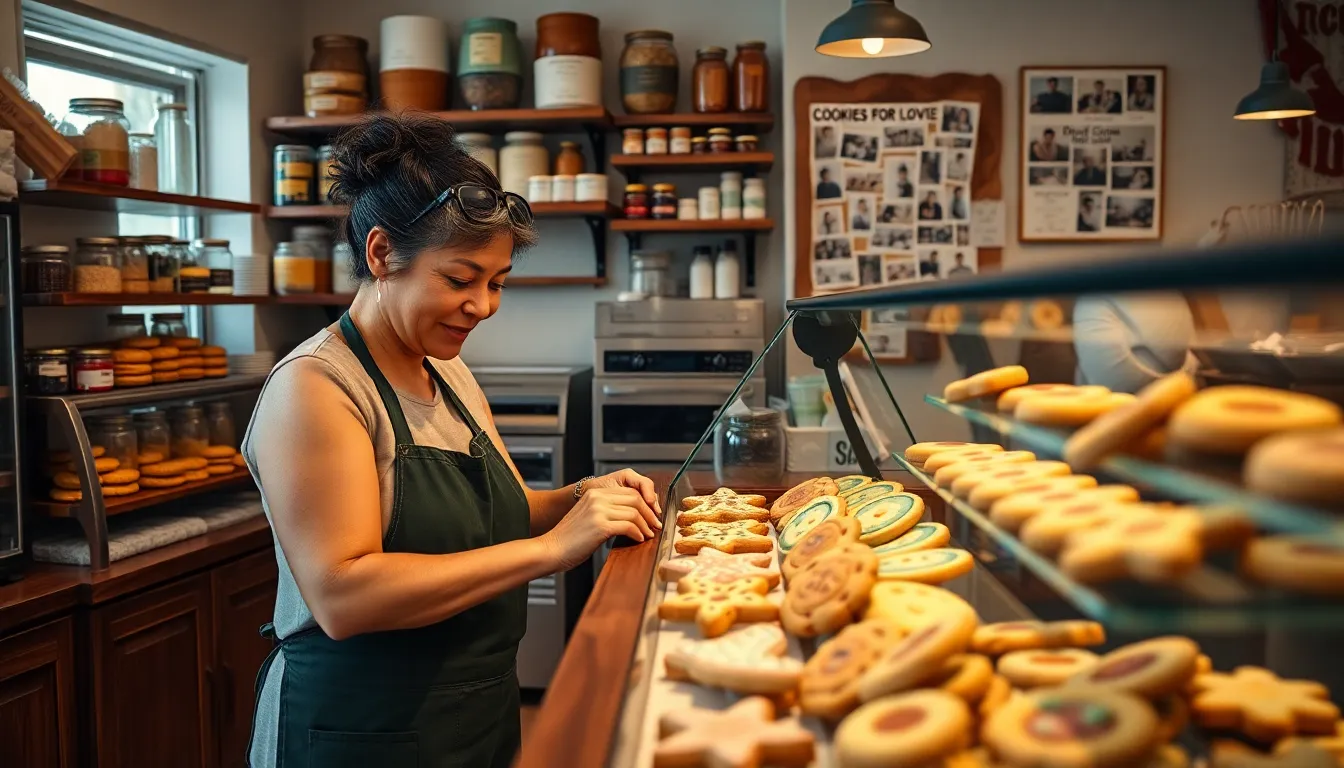 a baker decorating cookies in a warm, inviting cookie shop.