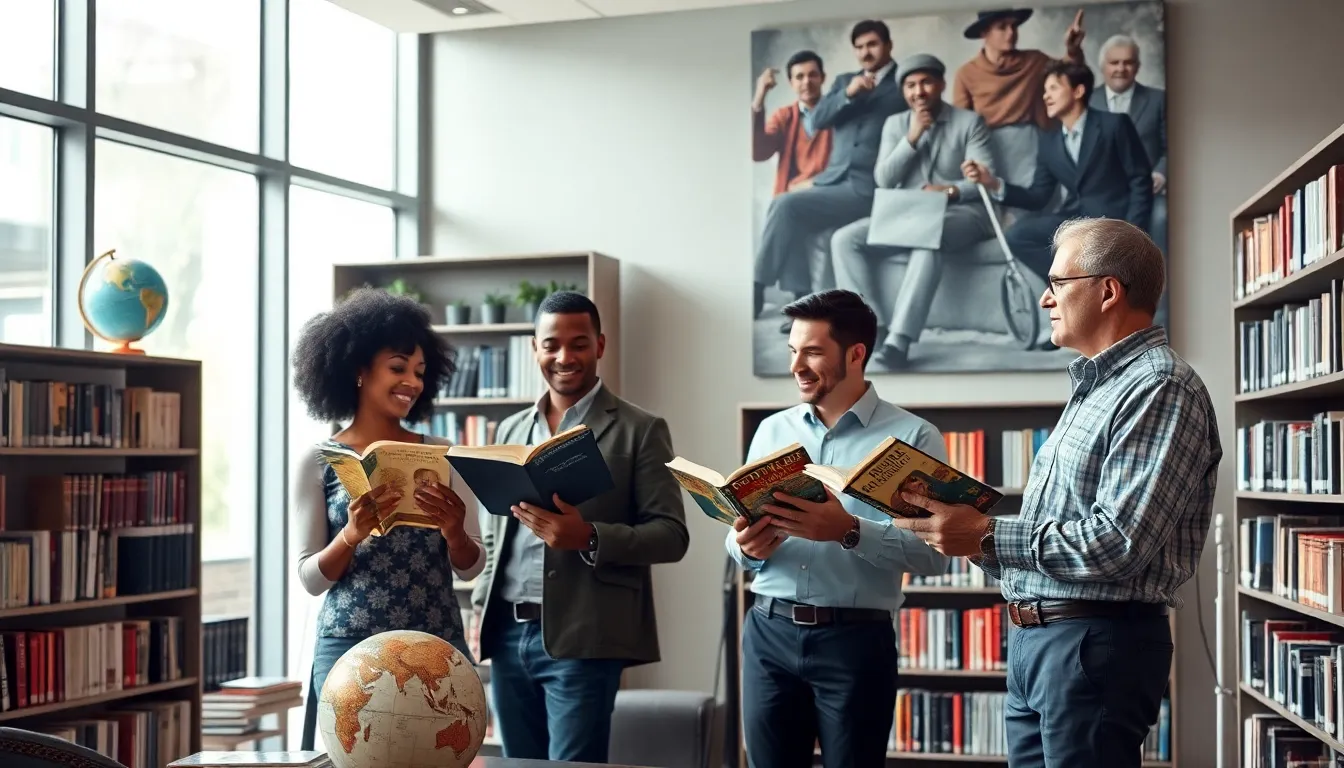 diverse group discussing political fiction in a modern library.
