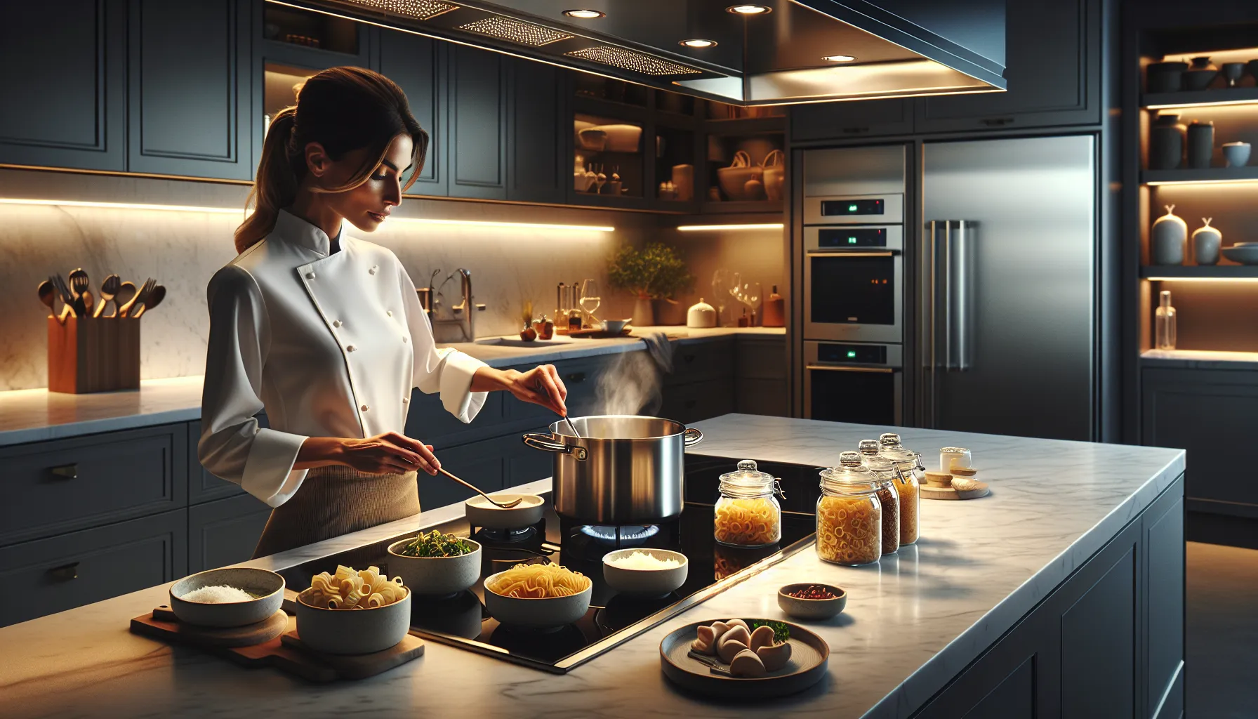 chef boiling noodles in a modern kitchen for Zavaggouda.