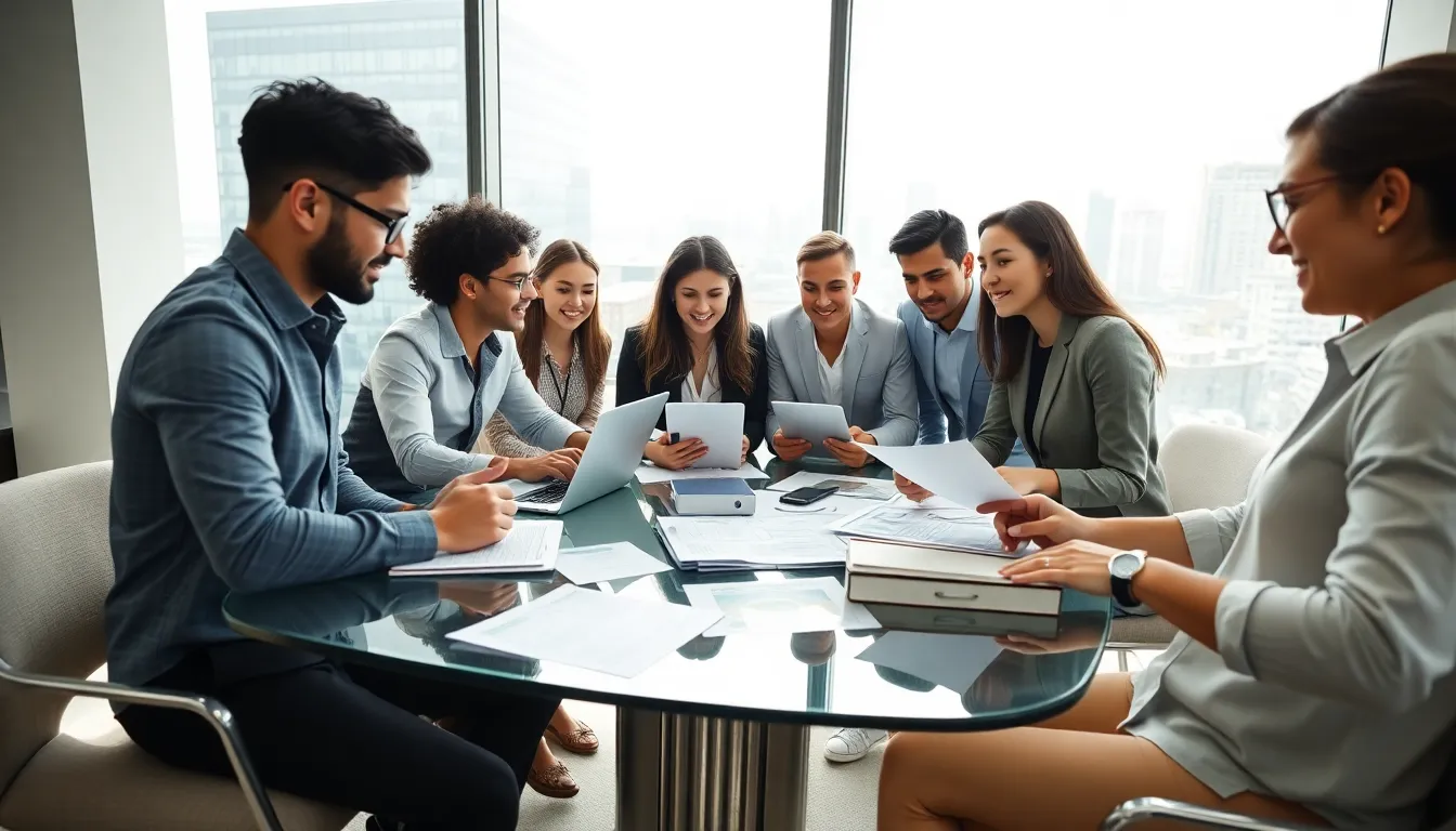 millennials discussing financial strategies in a modern office setting.