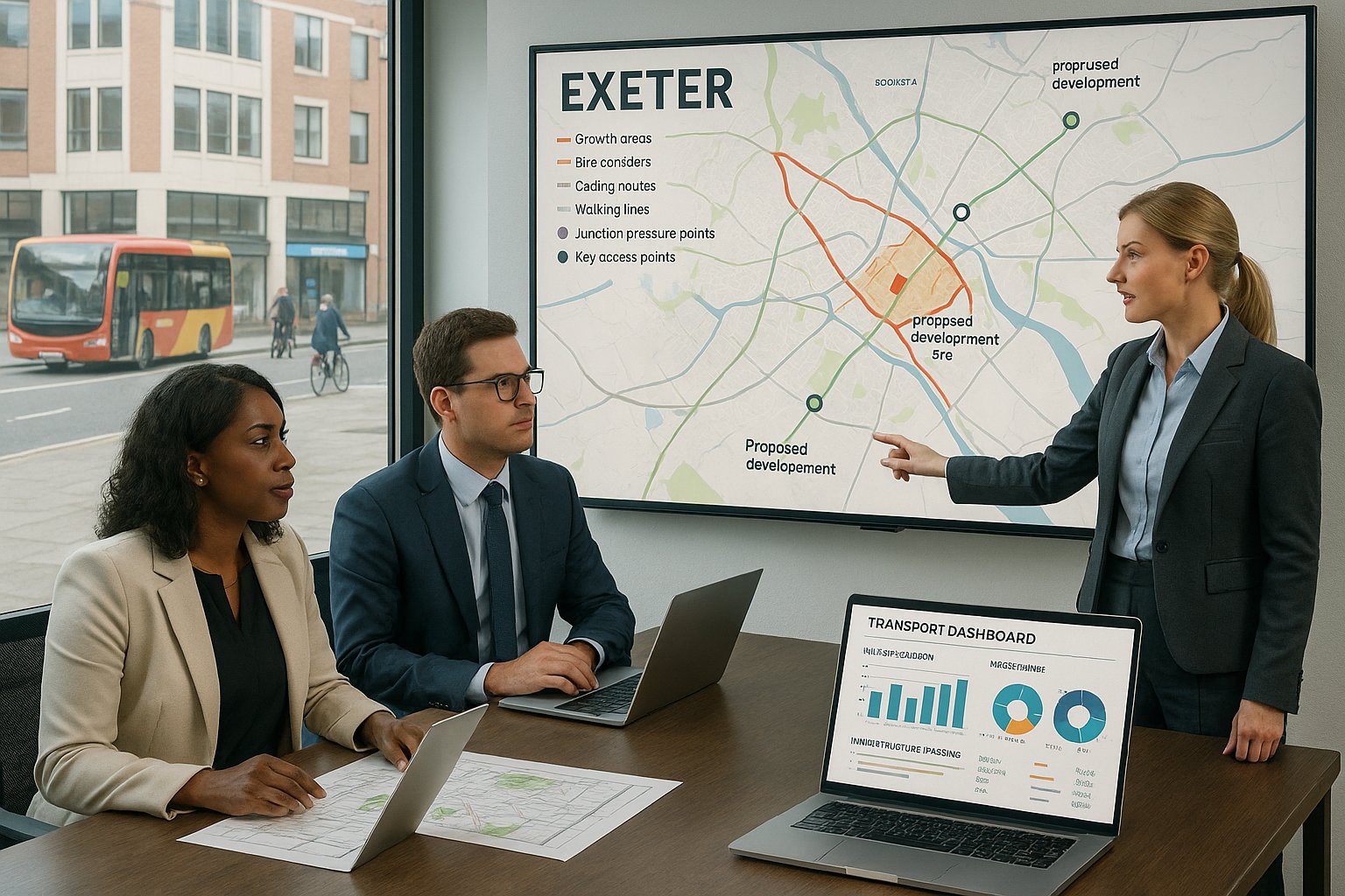 Transport planners reviewing Exeter growth areas, access routes, and trip data.