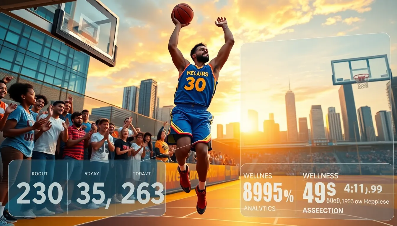 A basketball player dunking on an urban court with fans cheering.