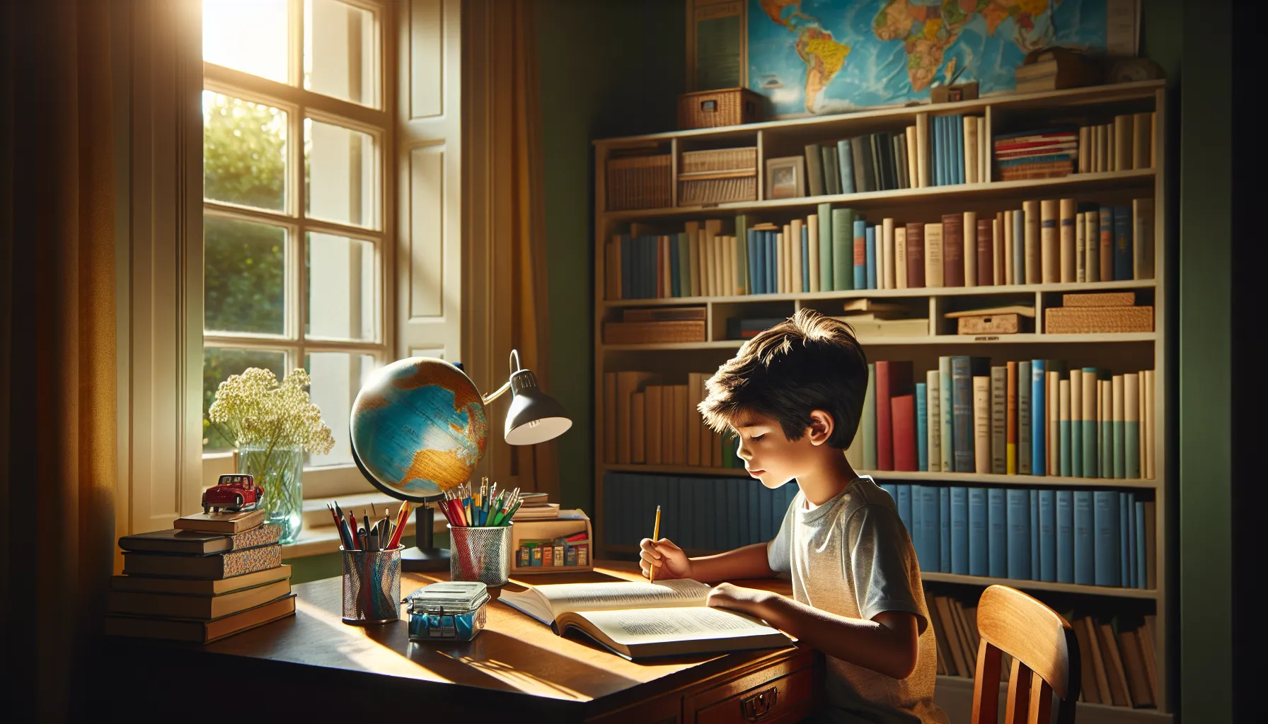 young boy studying in a bright, book-filled room.