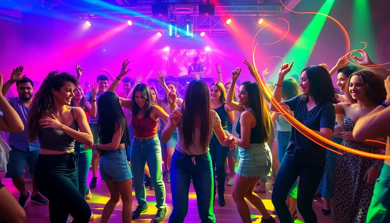 diverse group dancing joyfully on a vibrant dance floor.