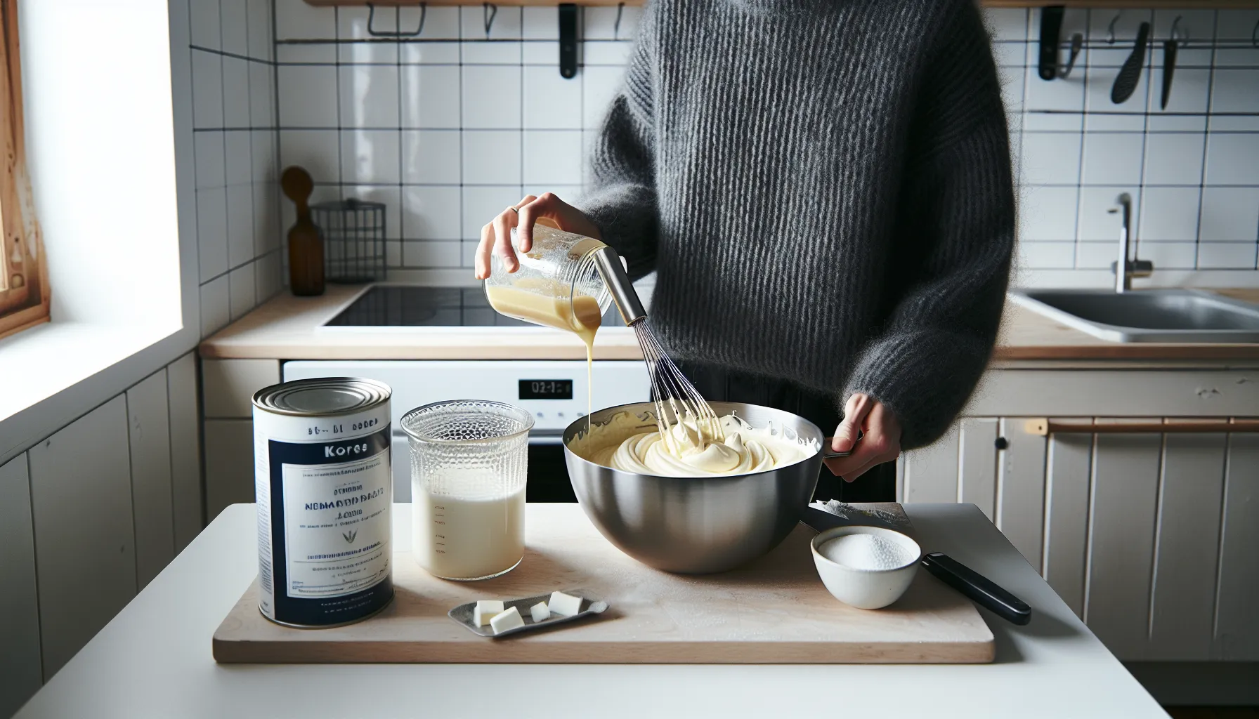 Norwegian home cook whisking cream, pouring condensed milk in a bright kitchen.